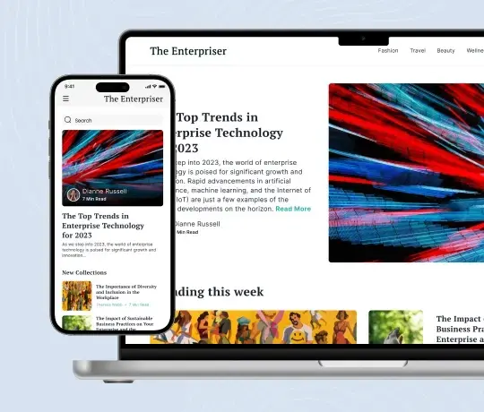 Responsive website design displayed across mobile and desktop devices for content-driven platforms