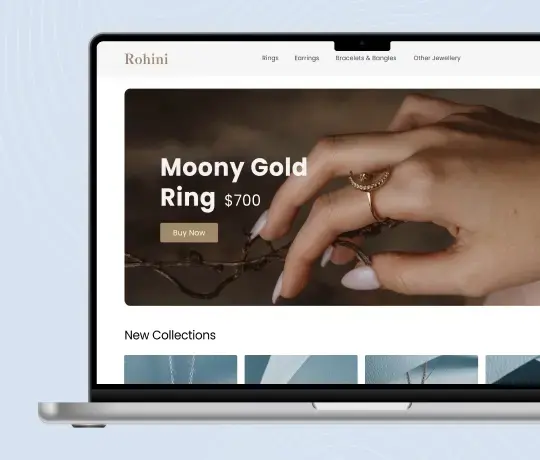 Custom jewelry eCommerce website homepage showcasing product collections and featured items