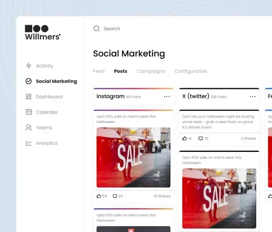 Social media marketing dashboard displaying scheduled posts and campaign performance