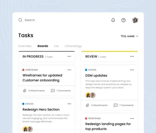 Task management board interface showing project tasks, progress status, and collaboration