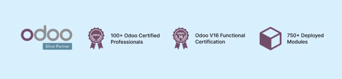 Odoo ERP certification and partnership badges highlighting professional expertise and credibilityc