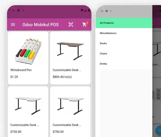 Odoo mobile POS application showing product listings and category navigation on smartphone
