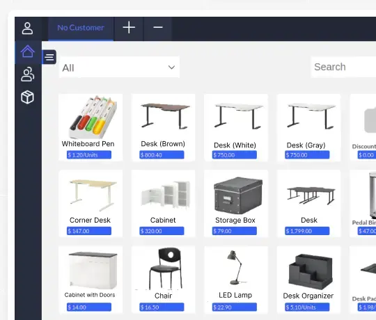 Odoo POS product selection screen displaying items, prices, and categories in retail interface