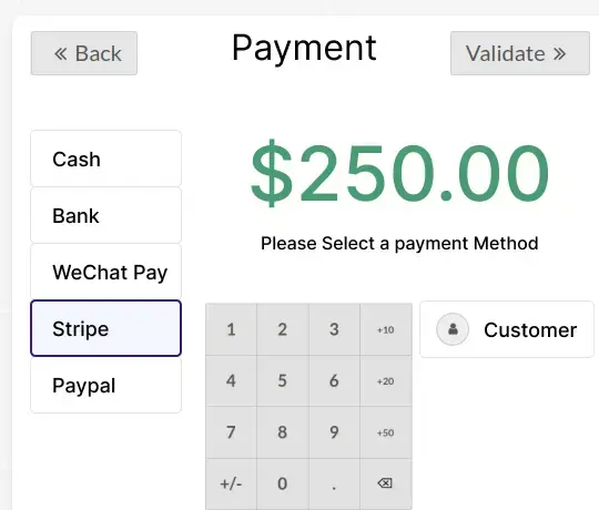 Odoo POS payment screen showing multiple payment methods and transaction validation options
