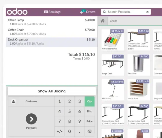 Odoo POS billing and order summary screen with product list, totals, and checkout keypad