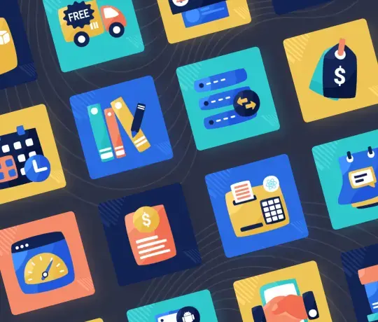 E-commerce platform feature icons including delivery shipping payment and inventory management