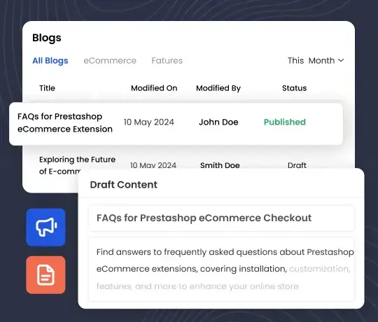 Odoo blog management interface showing published and draft content with editor view