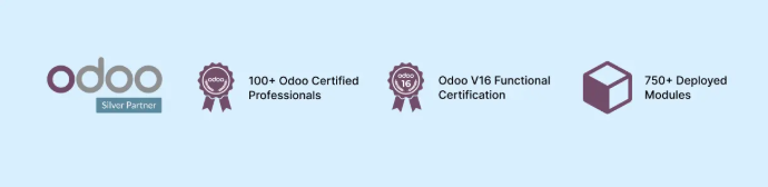 Odoo Silver Partner with 100+ certified professionals, V16 functional certification, and 750+ deployed modules