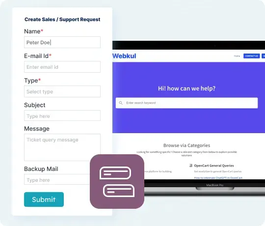 Odoo consulting support portal interface with sales and support request form and knowledge base