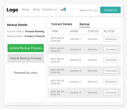Odoo SaaS backup management dashboard showing automated backups, status history, and download options