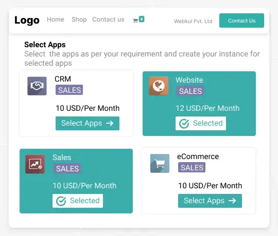 Odoo SaaS application selection interface displaying modular app pricing and instance configuration options