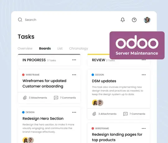 Odoo server maintenance task board showing ongoing support activities and issue tracking