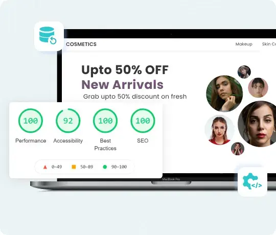 Odoo performance optimization dashboard showing SEO, accessibility, and best practices scores
