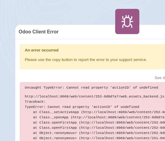 Odoo client error screen displaying system bug notification and debugging information