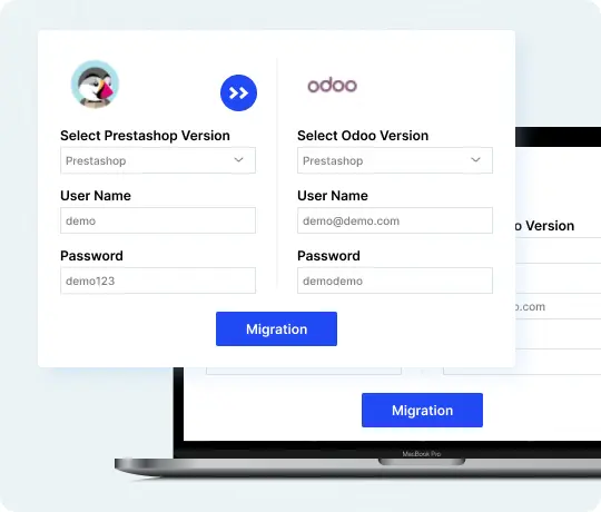 Odoo data migration interface showing secure transfer between platforms and Odoo versions