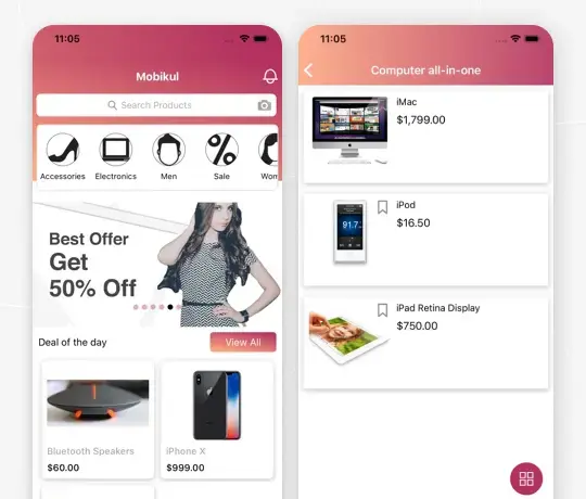 Odoo eCommerce mobile app interface showing product listings and discount offers