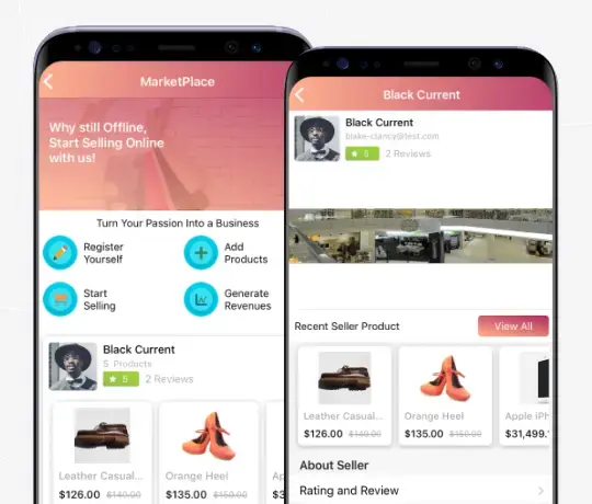 Odoo marketplace mobile app interface showing vendor dashboard and product listings