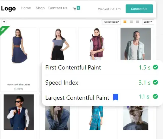 Odoo website theme performance optimization showing fast page load and core web vitals