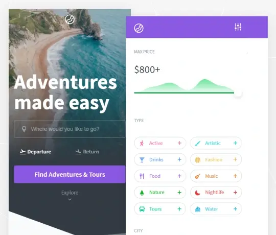 Odoo travel and booking website theme UI with filters and interactive search layout