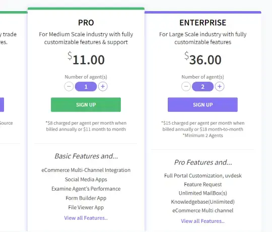 Odoo service pricing plans comparison showing pro and enterprise subscription options