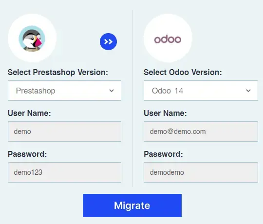 Prestashop to Odoo migration interface displaying version selection and user authentication