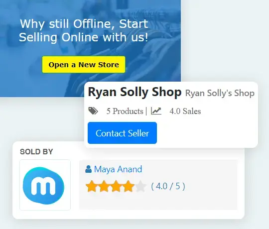Seller profile card showing Odoo marketplace vendor details, product count, sales rating, and contact seller option