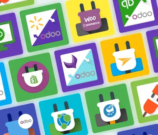 Odoo and multi-platform eCommerce integration illustration showing connectors for Odoo, WooCommerce, Shopify, and other systems