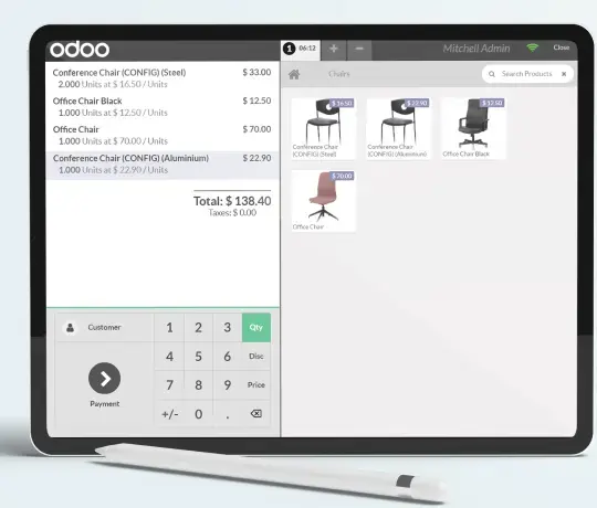 Odoo POS interface on tablet displaying product list, pricing, cart summary, and checkout screen