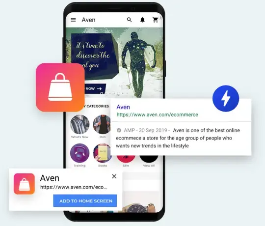 Mobile eCommerce Progressive Web App screen showing AMP support, add to home screen prompt, and fast loading experience