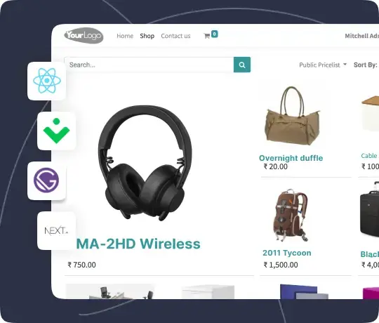 Headless Odoo storefront UI with product grid, advanced filters, and modern frontend framework integration