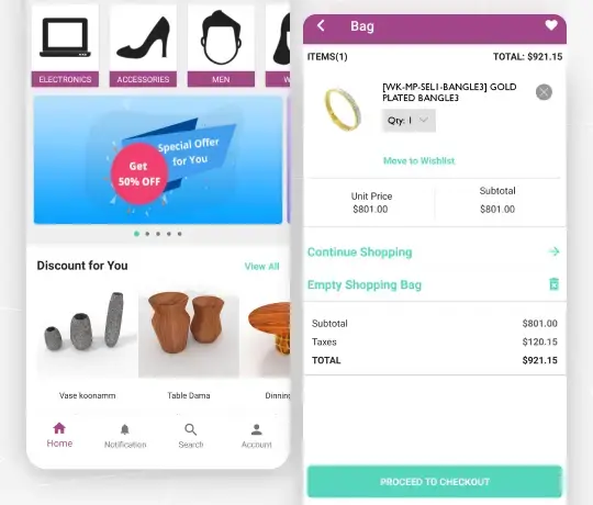 Mobile shopping app interface showing discounted products and shopping cart checkout screen