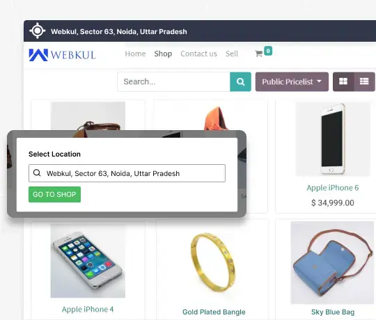 Location selection popup on Odoo eCommerce website storefront with product listings