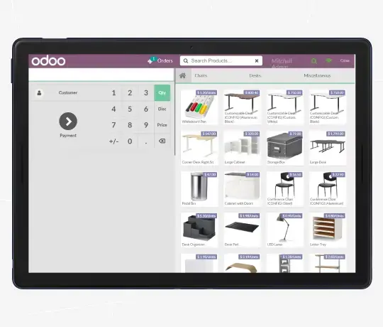 Odoo POS interface displayed on tablet showing product grid and billing panel