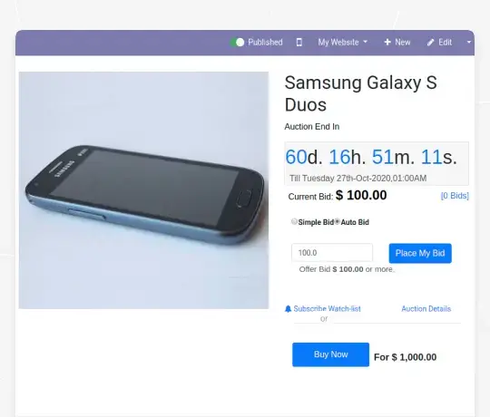 Odoo auction product page displaying Samsung Galaxy smartphone with live bidding