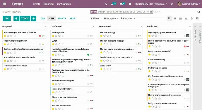 Odoo Events management dashboard with event tracks, proposals, confirmed sessions, and published agendas
