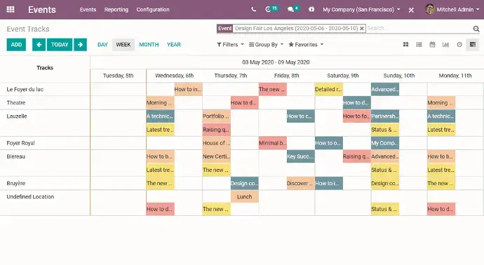 Odoo Events calendar view showing multi-day event schedule with sessions organized by time and location