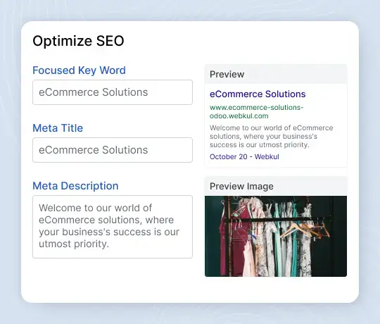 Odoo meta title and meta description optimization preview screen