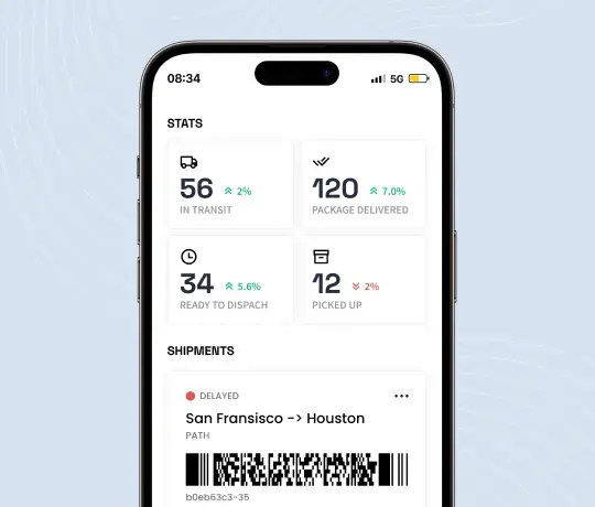 Odoo logistics and shipment tracking mobile dashboard showing delivery status and barcode
