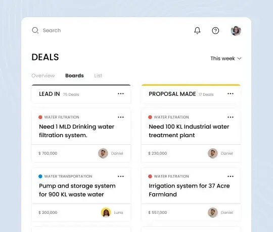 Odoo CRM deals board interface showing leads and proposal stages