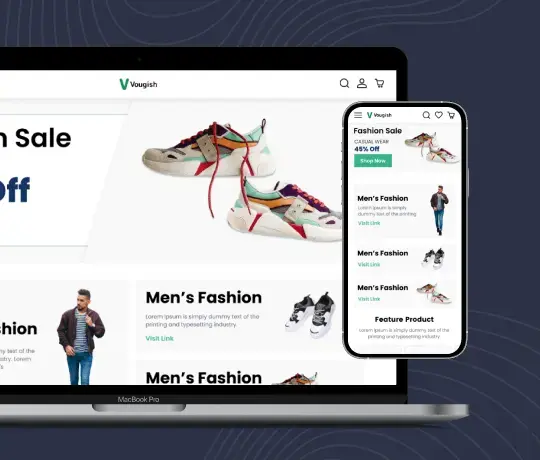 Responsive Shopify theme layout displaying fashion store on desktop and mobile devices