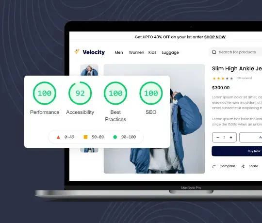 Shopify theme performance optimization report showing high scores for performance, accessibility, best practices, and SEO