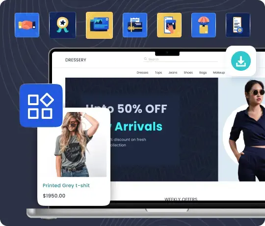 Odoo ecommerce feature icons including rewards, payments, shipping, and inventory management