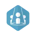 Blue hexagon badge with rocket launch icon