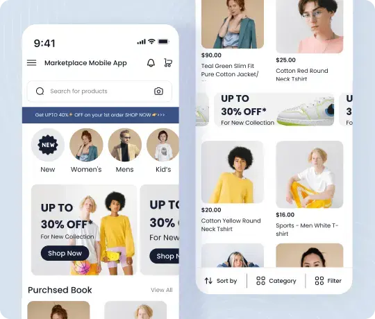 WooCommerce mobile marketplace app interface showing product listings and categories