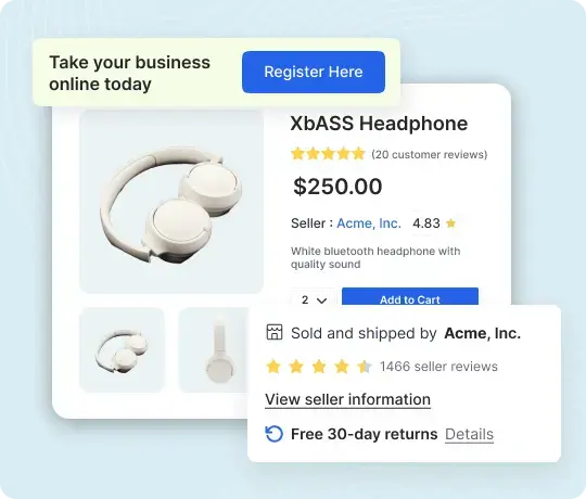 Product detail page with seller rating and add to cart feature