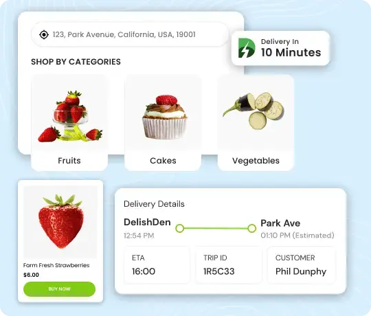 Local delivery marketplace interface with category browsing and fast delivery