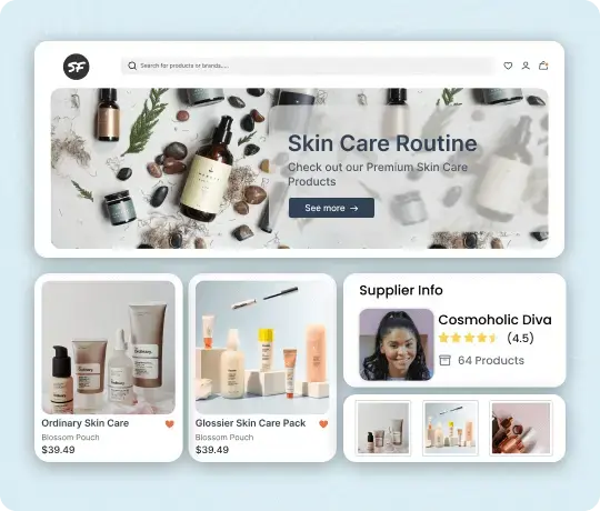 WooCommerce beauty and skincare marketplace interface with supplier profiles
