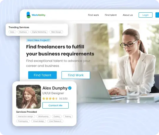 Freelance marketplace platform interface for finding talent and hiring freelancers