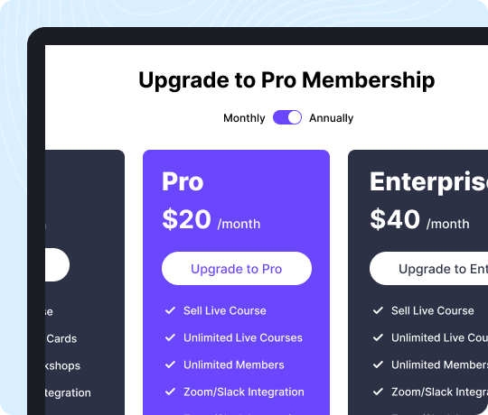 Subscription pricing page UI with pro and enterprise membership plans