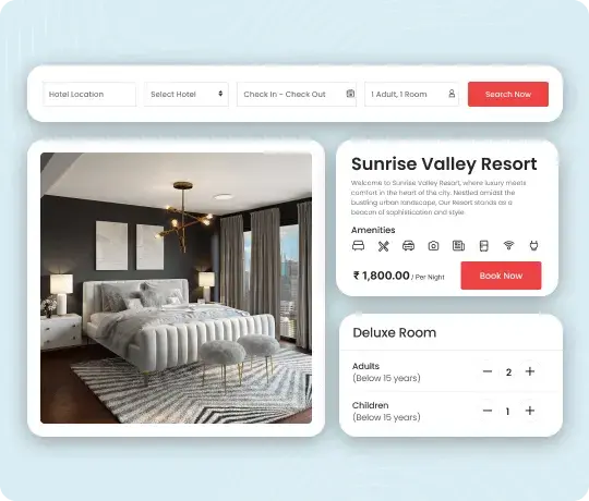 Hotel booking website interface showing room selection pricing and amenities